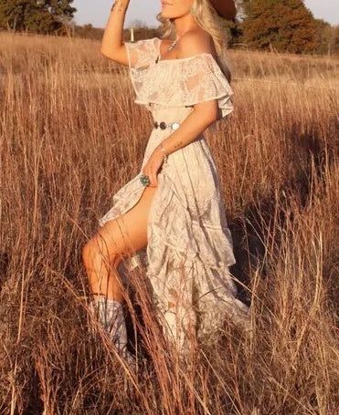 Boho Style Dusty White Lace Party Dress Off The Shoulder Prom Hoco Dress, LTP3295