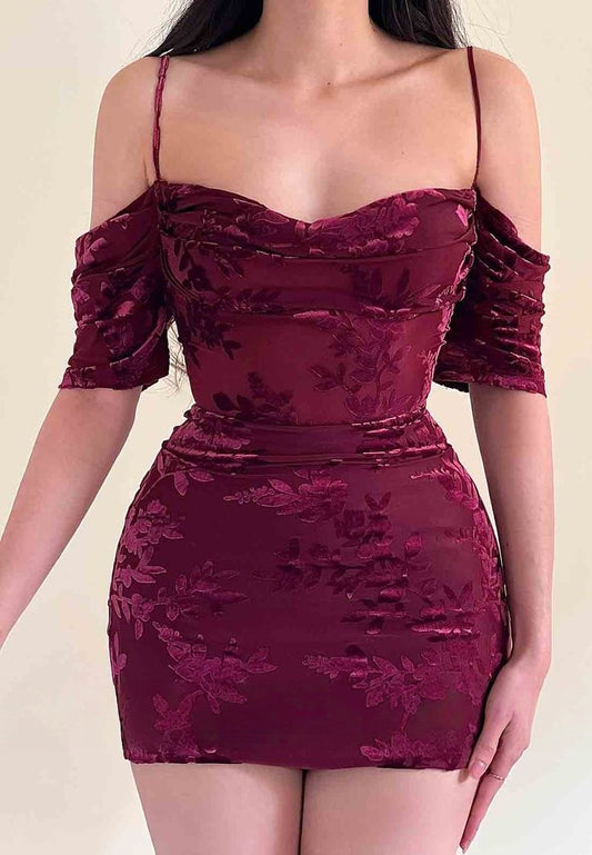 Burgundy Lace Floral Homecoming Dresses Tight Spaghetti Straps Hoco Dress,LTP3842