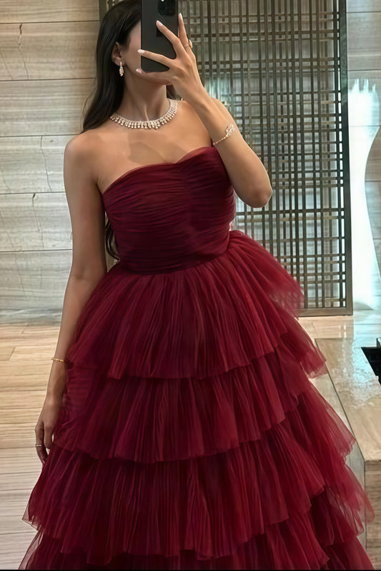 Burgundy Strapless Tulle Ruffle Prom Dress,LTP3570