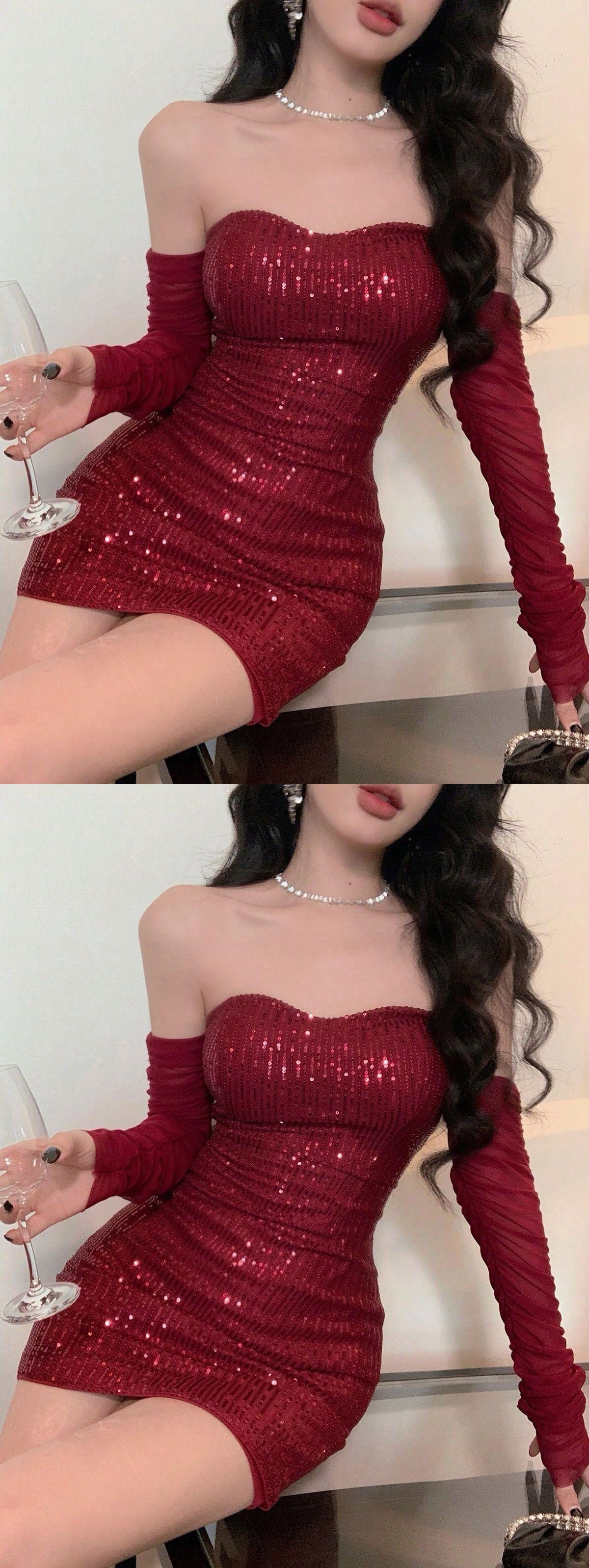 Burgundy Homecoming Dresses Tight Sequin Hoco Dress,LTP3828