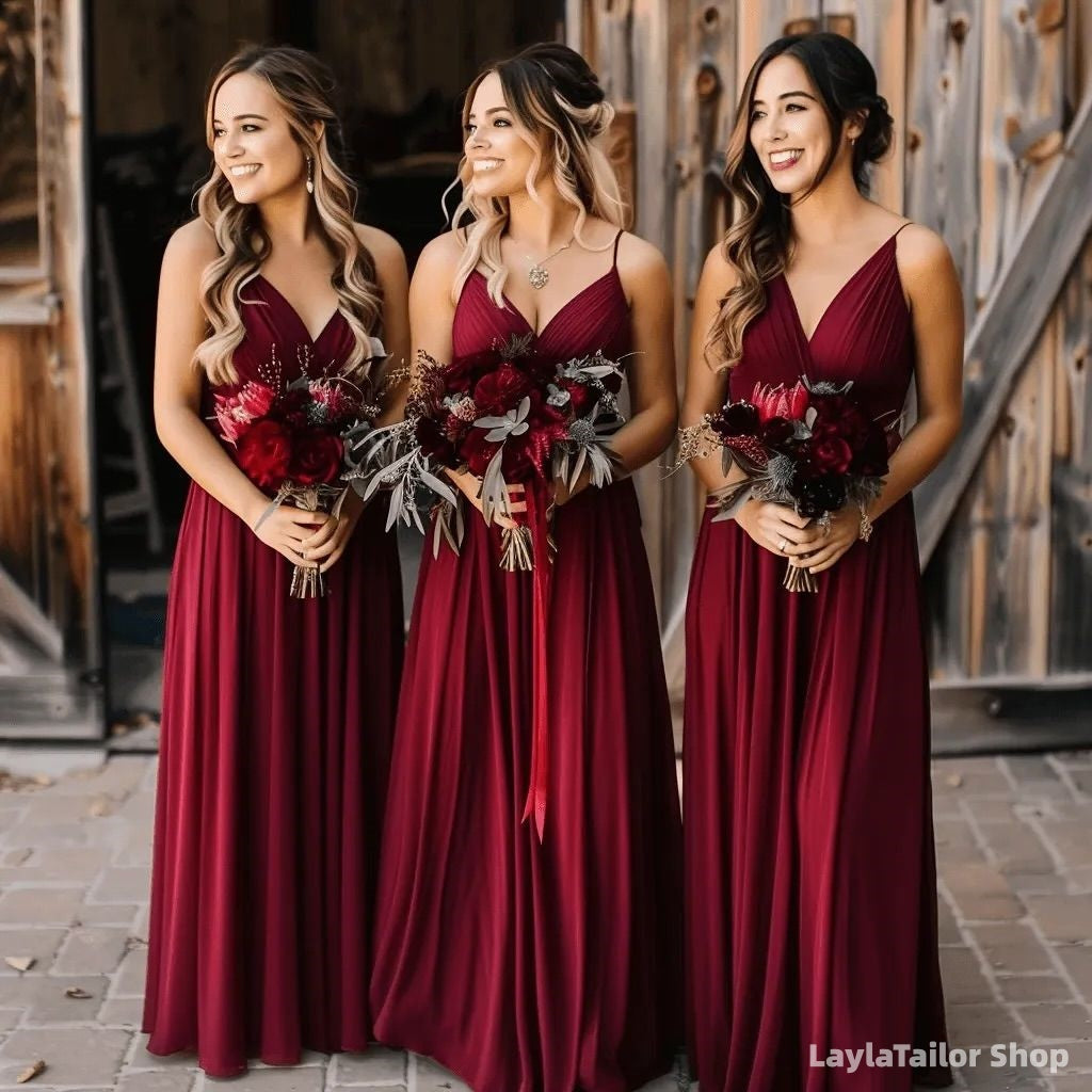 Burgundy V-Neck Chiffon Spaghetti Straps Bridesmaid Dresses