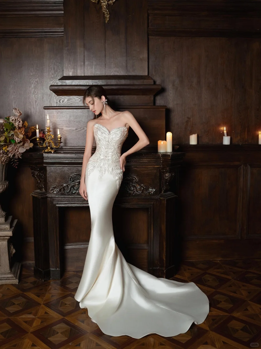 Timeless Mermaid Strapless Satin Sequin Beaded Long Wedding Dresses