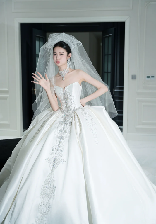 Timeless Ball Gown Strapless Satin Sequin Beaded With Veil Long Wedding Dresses
