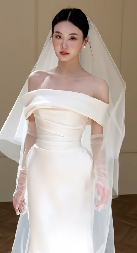 Classy Mermaid Off The Shoulder Satin With Gloves Veil Long Wedding Dresses
