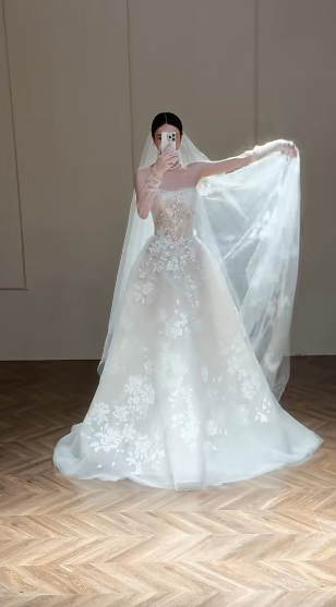 Dreamy Ball Gown Strapless Tulle Lace With Veil Long Wedding Dresses