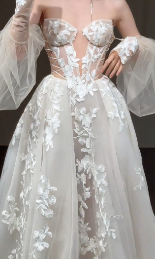 Unique A Line Off The Shoulder Tulle Applique Long Sleeves Long Wedding Dresses