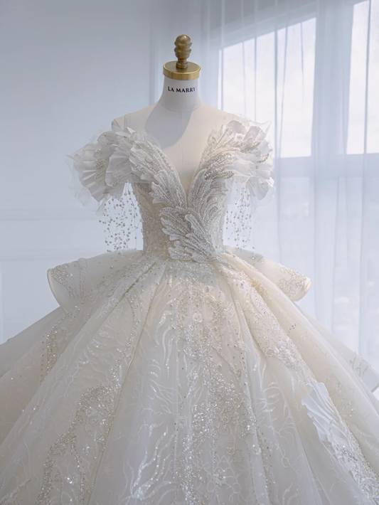 Timeless Ball Gown Off The Shoulder Tulle Sequin Beads Long Wedding Dresses