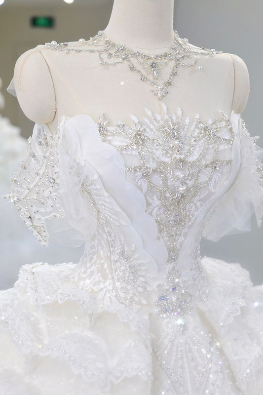 Gorgeous Ball Gown Off The Shoulder Tulle Lace Sequin Beads Long Wedding Dresses