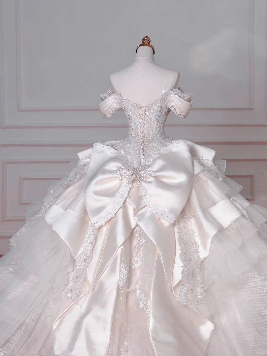 Timeless Ball Gown Off The Shoulder Satin Tulle Lace Sequin Beads Long Wedding Dresses