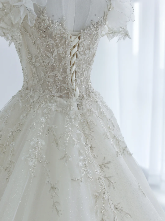 Unique A Line Tulle Sequin Beads Applique Short Sleeves Long Wedding Dresses