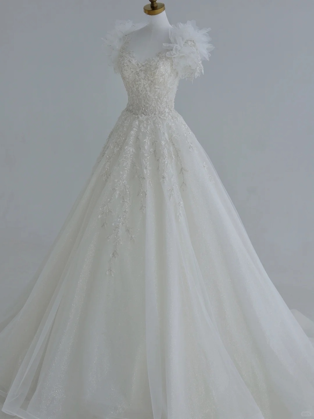 Unique A Line Tulle Sequin Beads Applique Short Sleeves Long Wedding Dresses