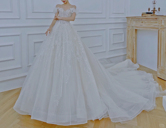 Pretty Ball Gown Off The Shoulder Tulle Sequin With Veil Long Wedding Dresses