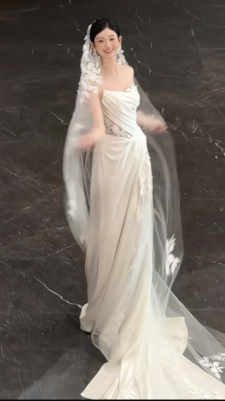 Timeless A Line One Shoulder Strap Satin Tulle Applique With Veil Long Wedding Dresses