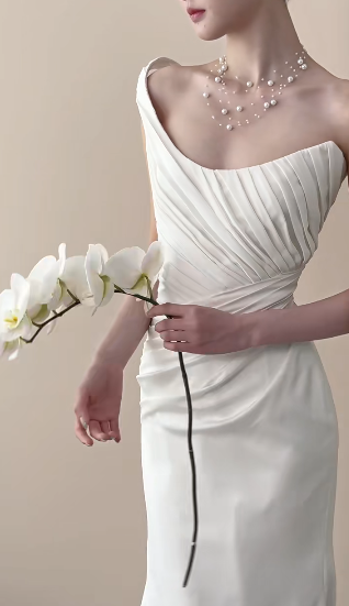 Elegant Mermaid One Shoulder Satin Pleated Long Wedding Dresses