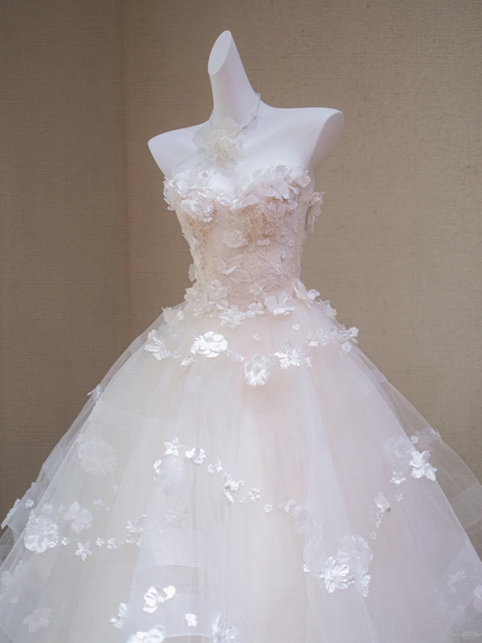 Fairy Ball Gown Strapless Tulle Applique Long Wedding Dresses