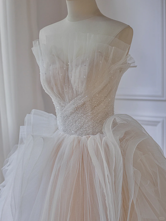 Princess Ball Gown Strapless Tulle Beads Long Wedding Dresses