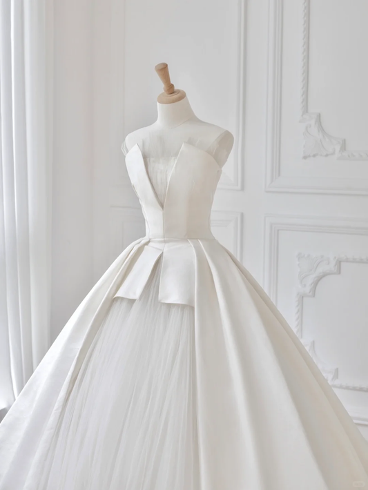Classy Ball Gown Strapless Satin Tulle Long Wedding Dresses