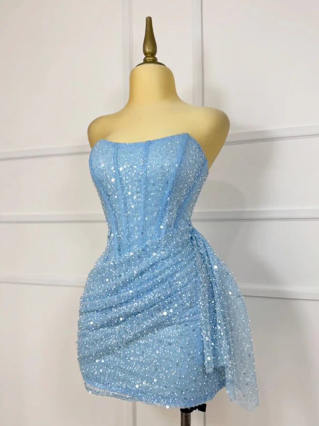 Glitter Strapless Bodycon Homecoming Dresses Pleated Cocktail Dress, LTP3782