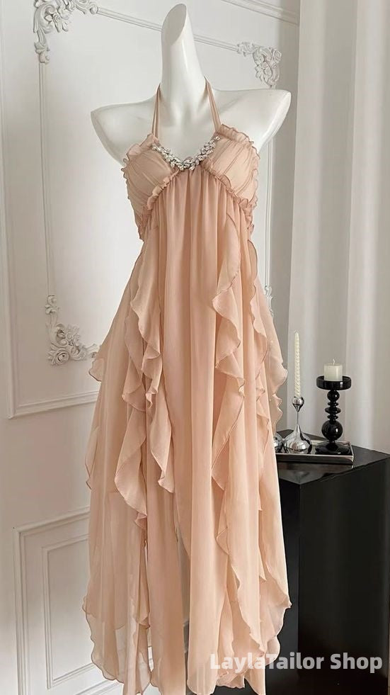 Champagne Halter Chiffon Ruffle Party Dress Beaded Homecoming Dresses
