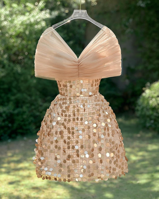 Champagne Off The Shoulder Sequin Tight Homecoming Dresses, LTP3331