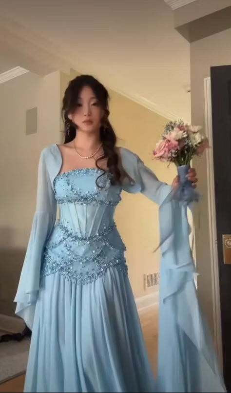 Charming Blue Long Sleeves Beaded Chiffon Floor Length Prom Dress,LTP82782