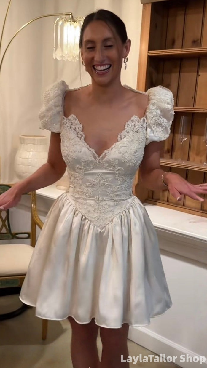 Charming White Drop Waist Appliques Homecoming Dresses Short Sleeves Reception Dress