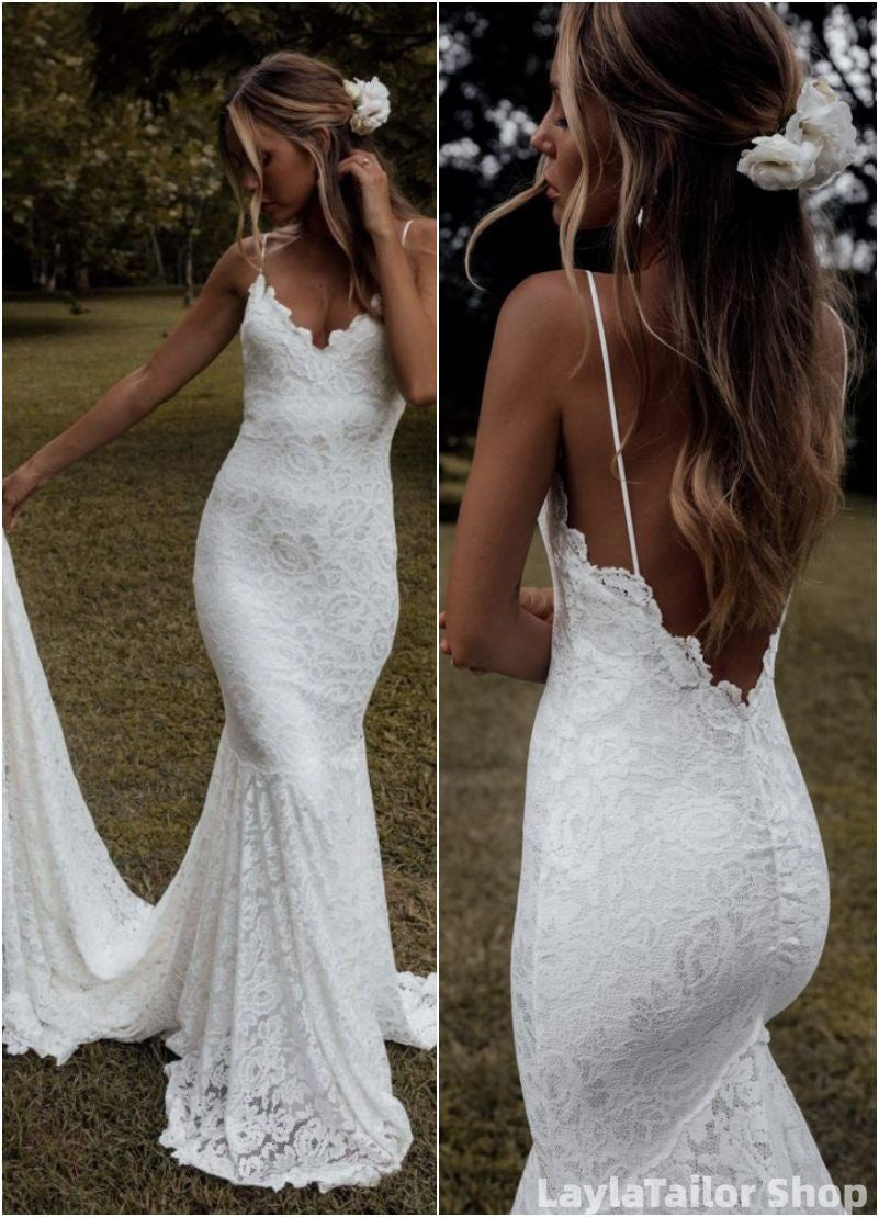 Charming White Lace Mermaid Bridal Dresses Beach Wedding Gown,LTP82789