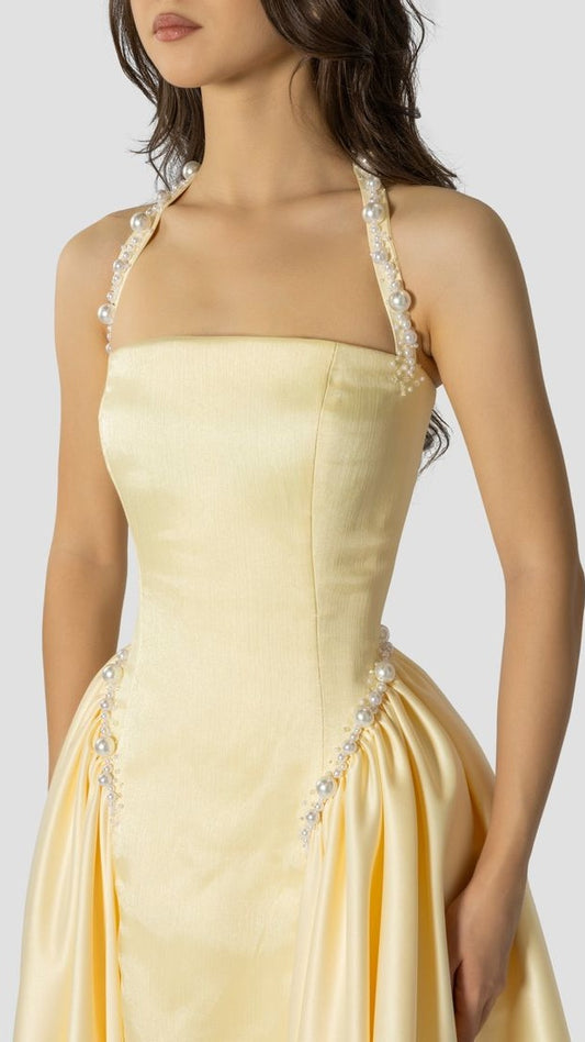 Charming Yellow Pearl Evening Party Dresses A-Line Satin Prom Dress,LTP4270