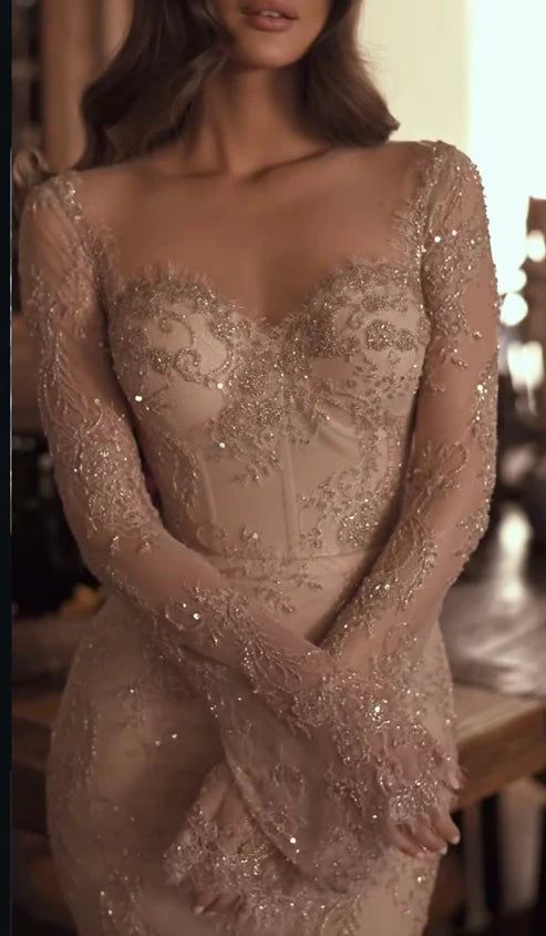 Charming Nude Lace Mermaid Prom Dresses Long Sleeves Party Dress,LTP4313