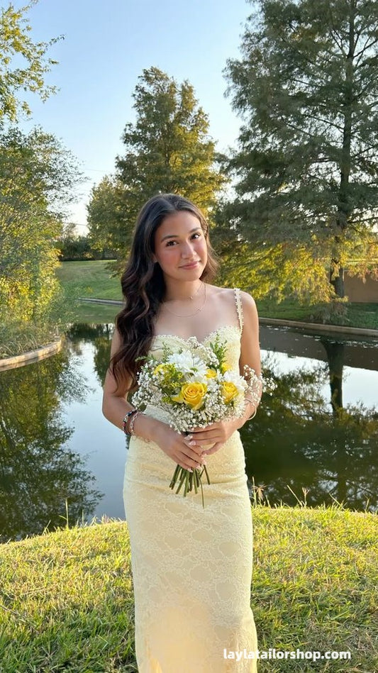 Charming Pastel Yellow Lace Mermaid Prom Dresses Senior Formal Dress,LTP4511