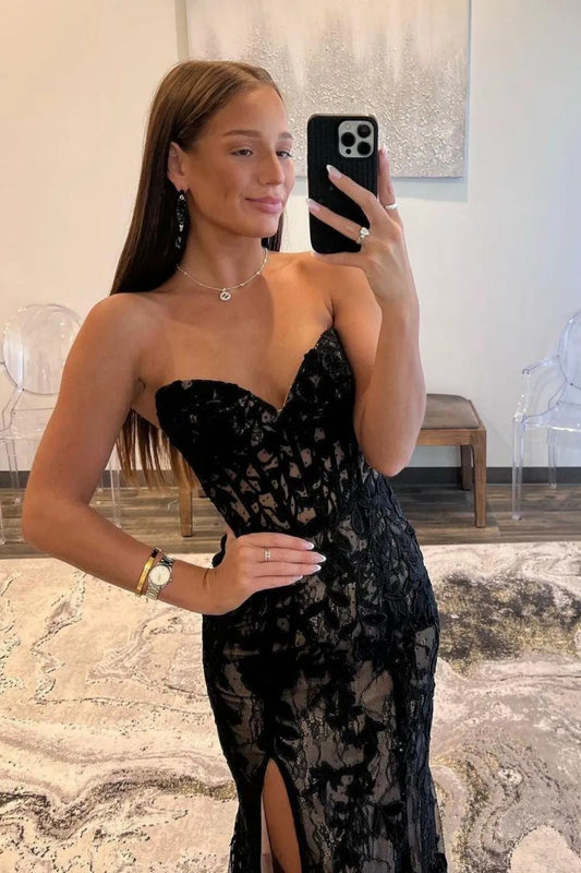 Black Mermaid Prom Gown with Lace-Up Corset Back Strapless Neckline and Sweep Train