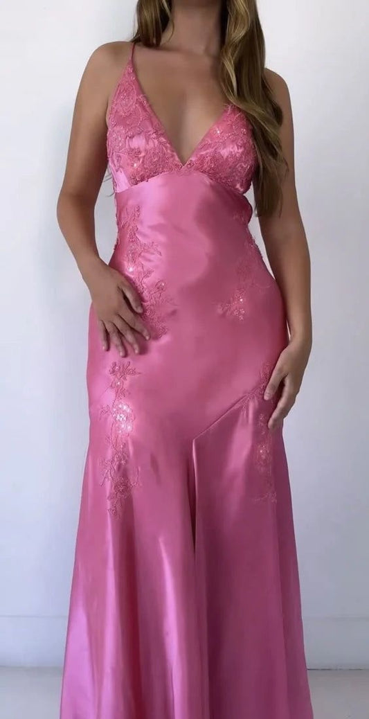 Chic Mermaid Spaghetti Straps Pink Satin Evening Dress Long Prom Dresses,LTP4431