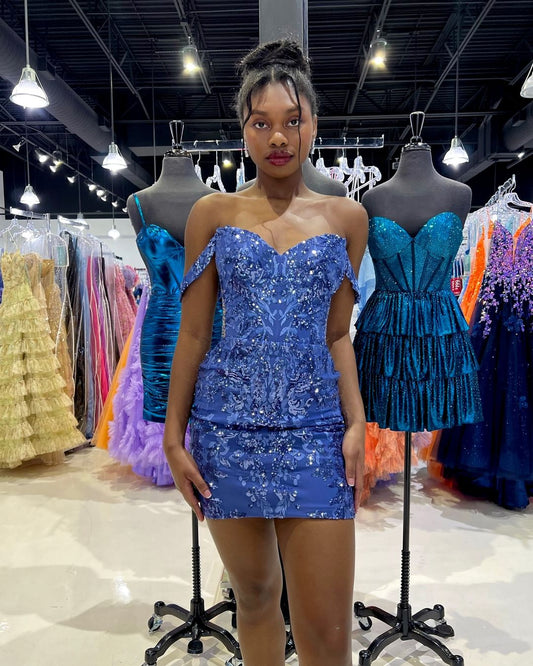 Chic Off The Shoulder Blue Lace Homecoming Dress, LTP3267