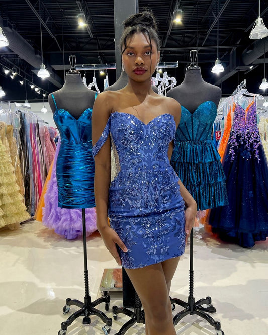 Chic Off The Shoulder Blue Lace Homecoming Dress, LTP3267