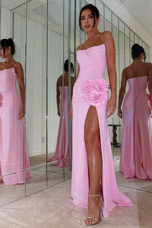 Chic Pink Satin Mermaid Prom Dress with Strapless Bodice Pleated Skirt and 3D Floral Accent