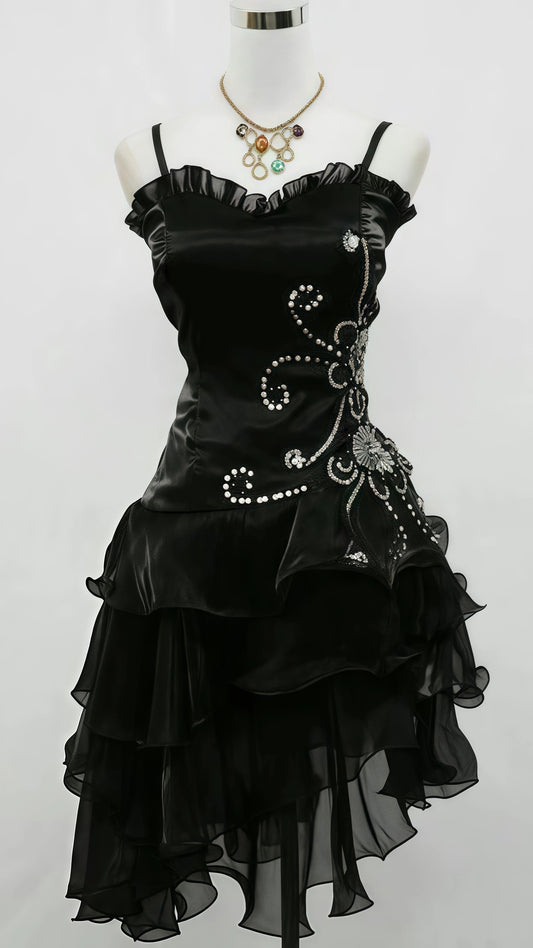 Classic Black Organza Ruffle Short Party Dress, Spaghetti Straps Homecoming Dresses, LTP3723