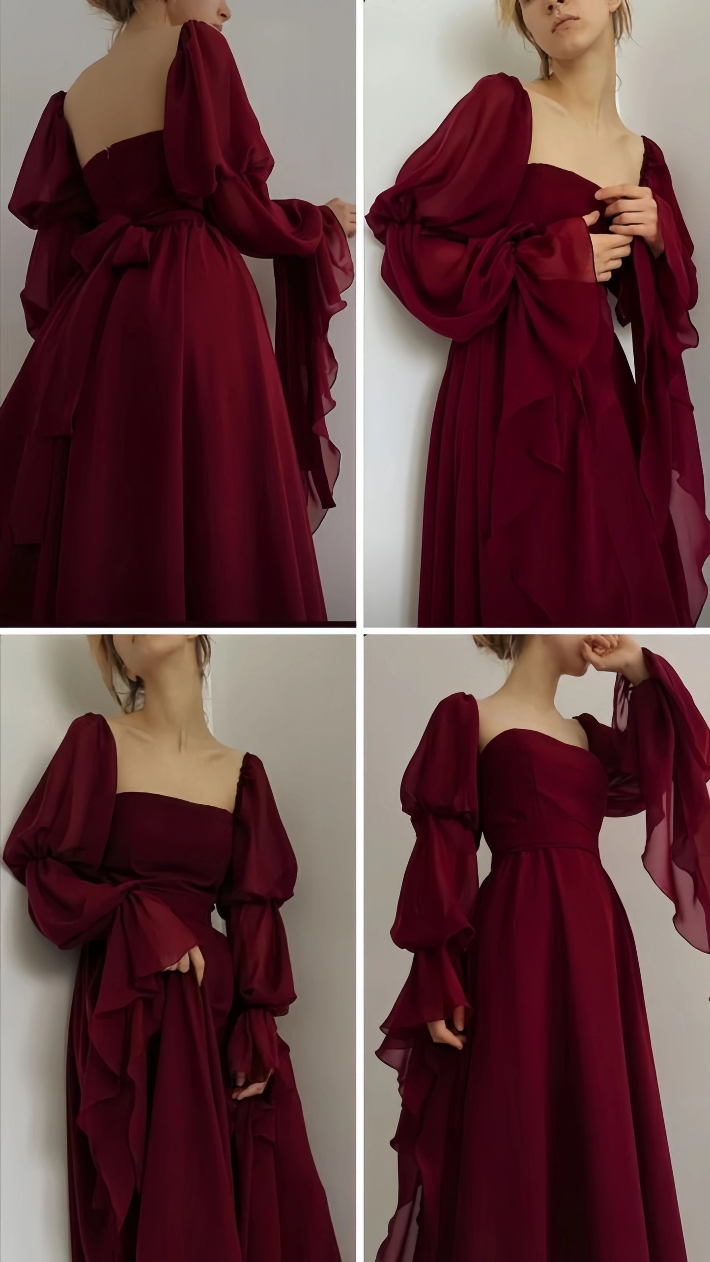 Classic Burgundy Chiffon Prom Dresses Square Neck Evening Party Gown,LTP4125