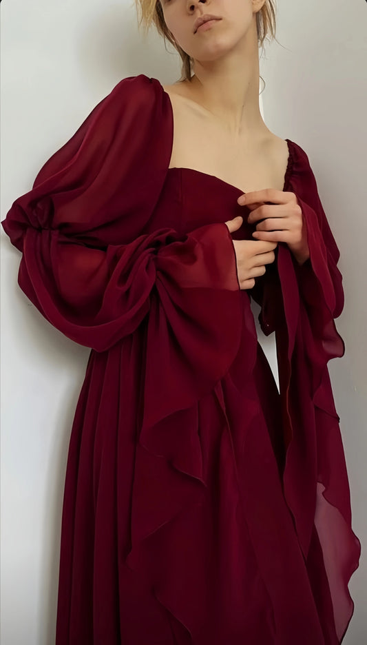 Classic Burgundy Chiffon Prom Dresses Square Neck Evening Party Gown,LTP4125