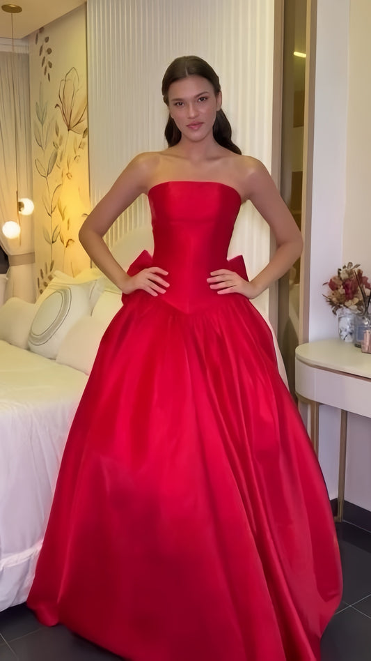 Classic Red Strapless Prom Dresses Long Evening Party Ball Gown With Bowknot,LTP4065