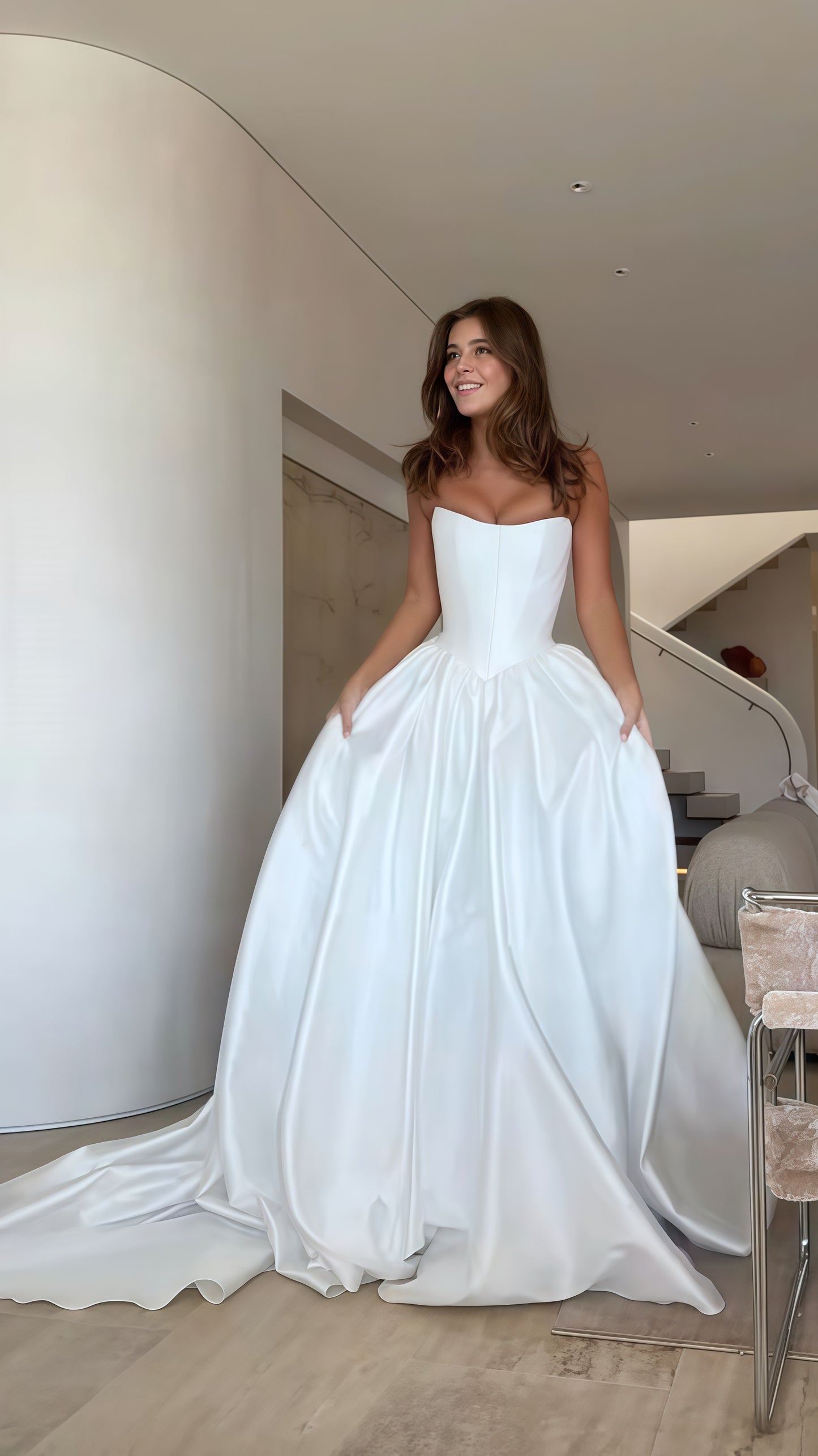 Classic White Strapless Wedding Dress, A-Line Satin Bridal Dress, LTP3746