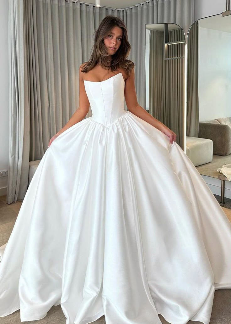 Classic White Strapless Wedding Dress, A-Line Satin Bridal Dress, LTP3746