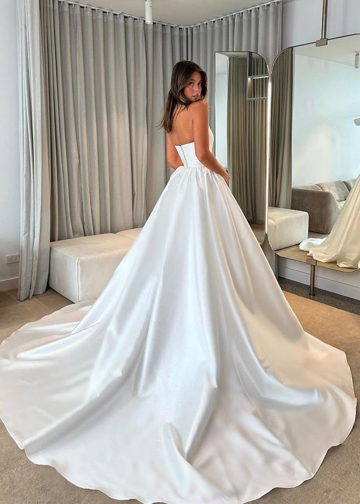 Classic White Strapless Wedding Dress, A-Line Satin Bridal Dress, LTP3746