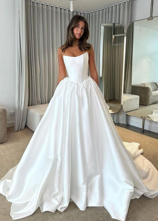 Classic White Strapless Wedding Dress, A-Line Satin Bridal Dress, LTP3746