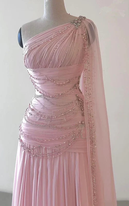 Classy A Line One Shoulder Pink Chiffon Evening Gown Prom Dresses , LTP3625