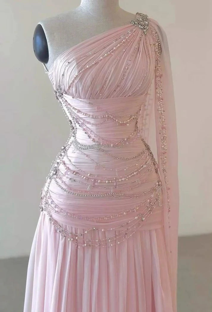 Classy A Line One Shoulder Pink Chiffon Evening Gown Prom Dresses , LTP3625