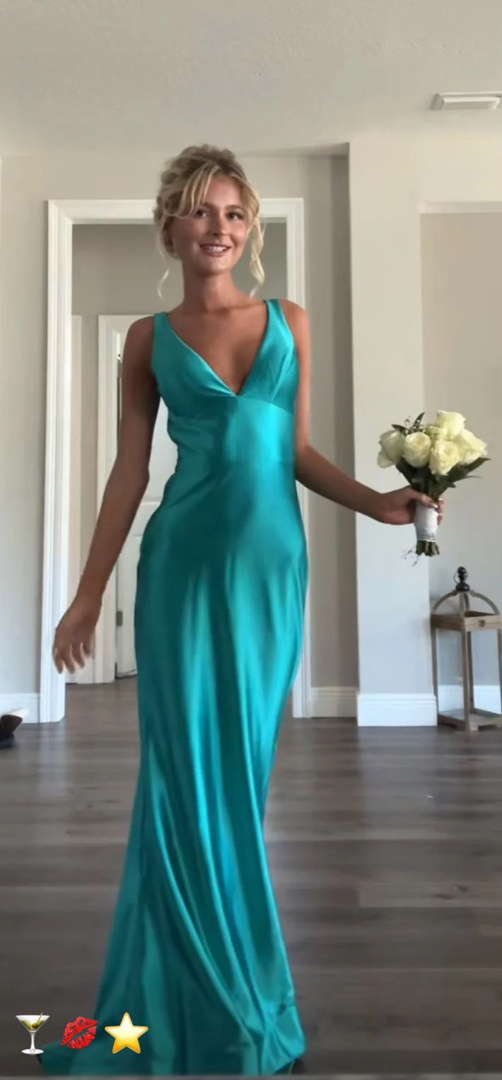 Classy A line V Neckline Blue Satin Sleeveless Long Prom Dresses ,LTP3623