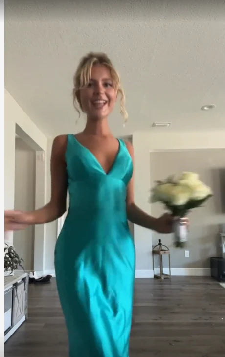 Classy A line V Neckline Blue Satin Sleeveless Long Prom Dresses ,LTP3623