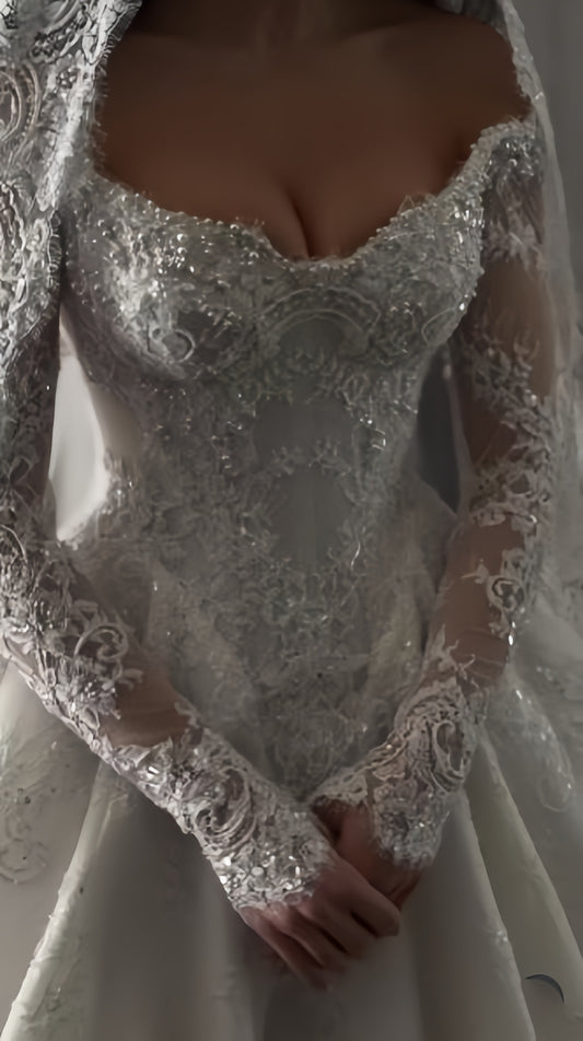 Classy Long Sleeves Ivory Wedding Dresses Off The Shoulder Appliques Bridal Dress, LTP3796