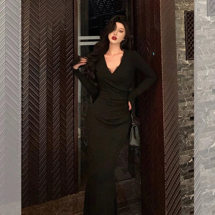 Classy Mermaid V Neckline Long Sleeves Black Prom Dresses Birthday Outfits , LTP3596