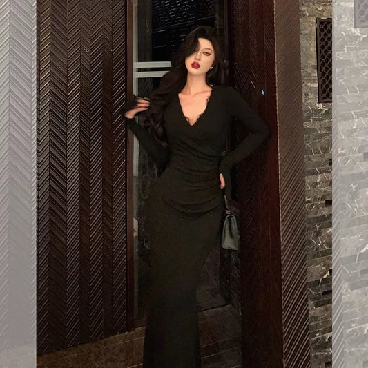 Classy Mermaid V Neckline Long Sleeves Black Prom Dresses Birthday Outfits , LTP3596